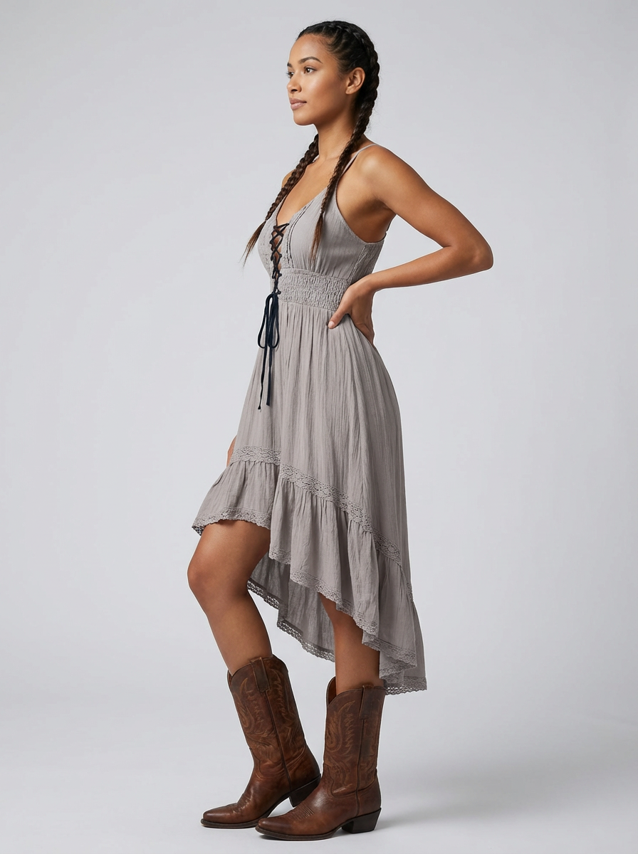 Women's Dress Lace Up Ruffle | Boho Midi