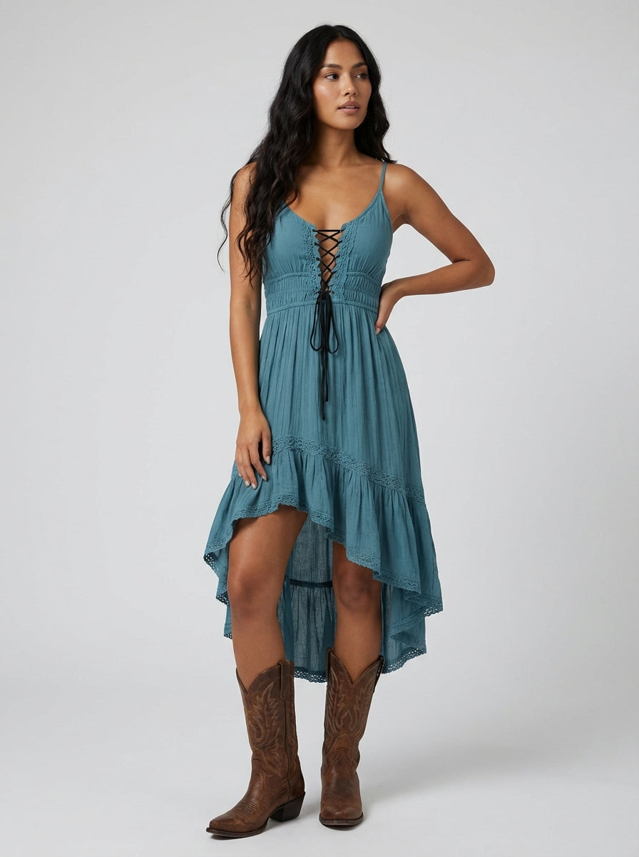 Women's Dress Lace Up Ruffle | Boho Midi