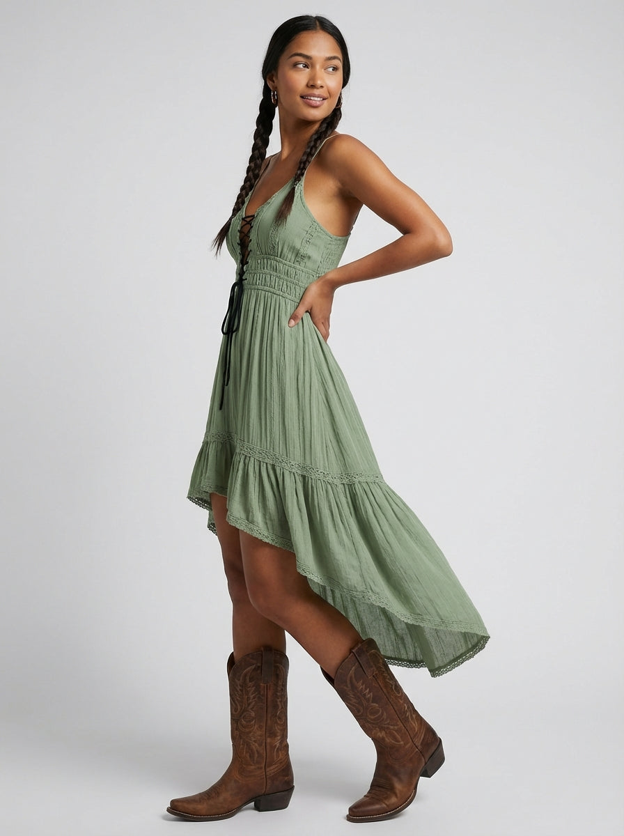 Women's Dress Lace Up Ruffle | Boho Midi