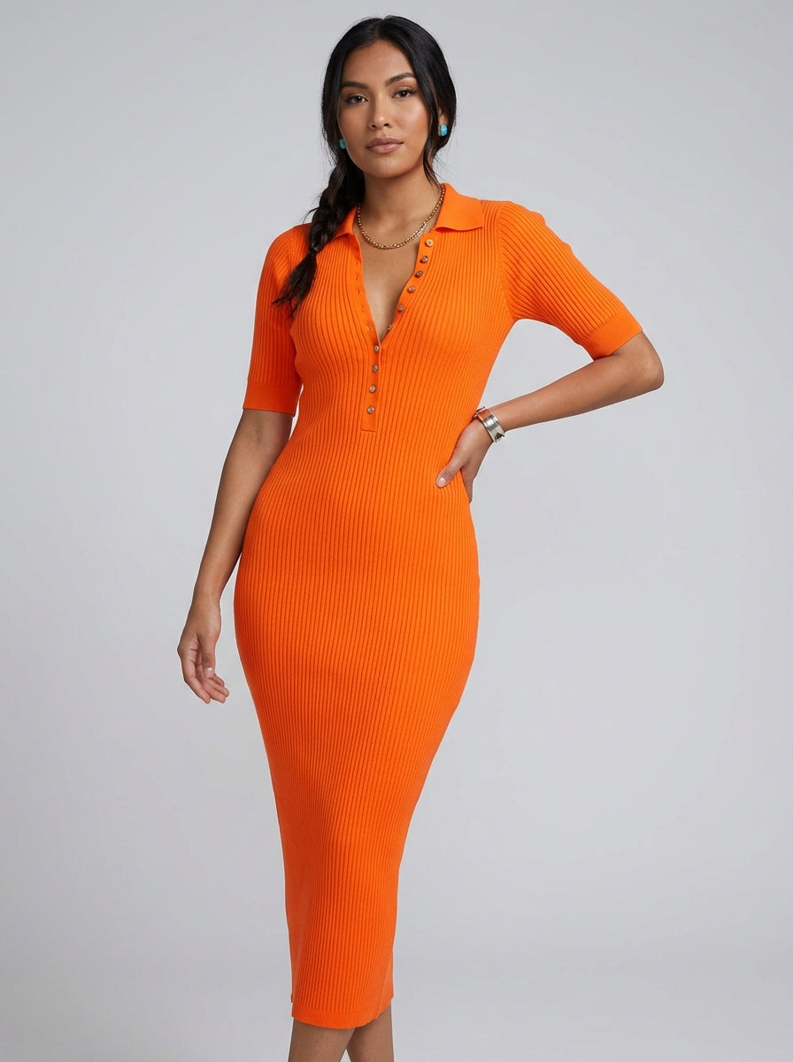 Women's Dress Ribbed Button Front | Midi